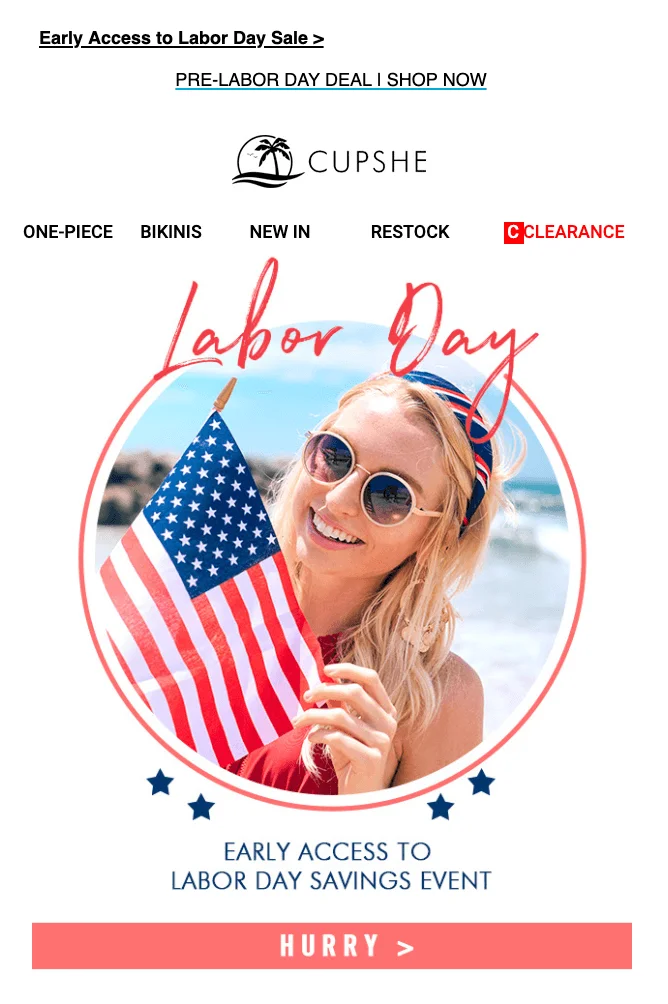 Labor Day email from Cupshe with the tagline “Early access to Labor Day saving event”