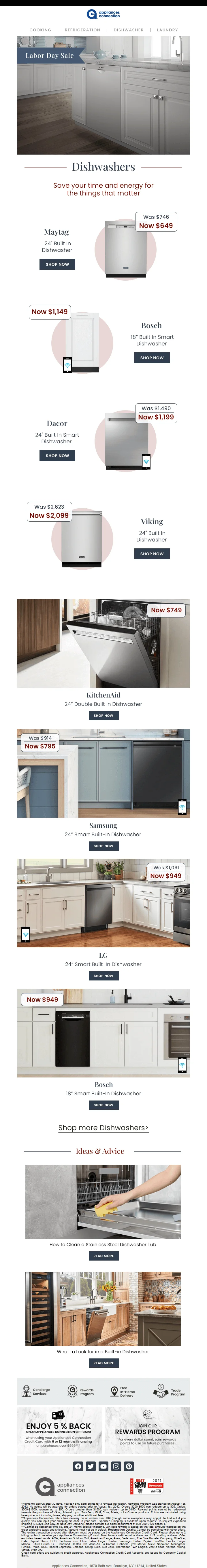 A Labor Day email that promotes a dishwasher sale with the tagline “Save your time and energy for things that matter”