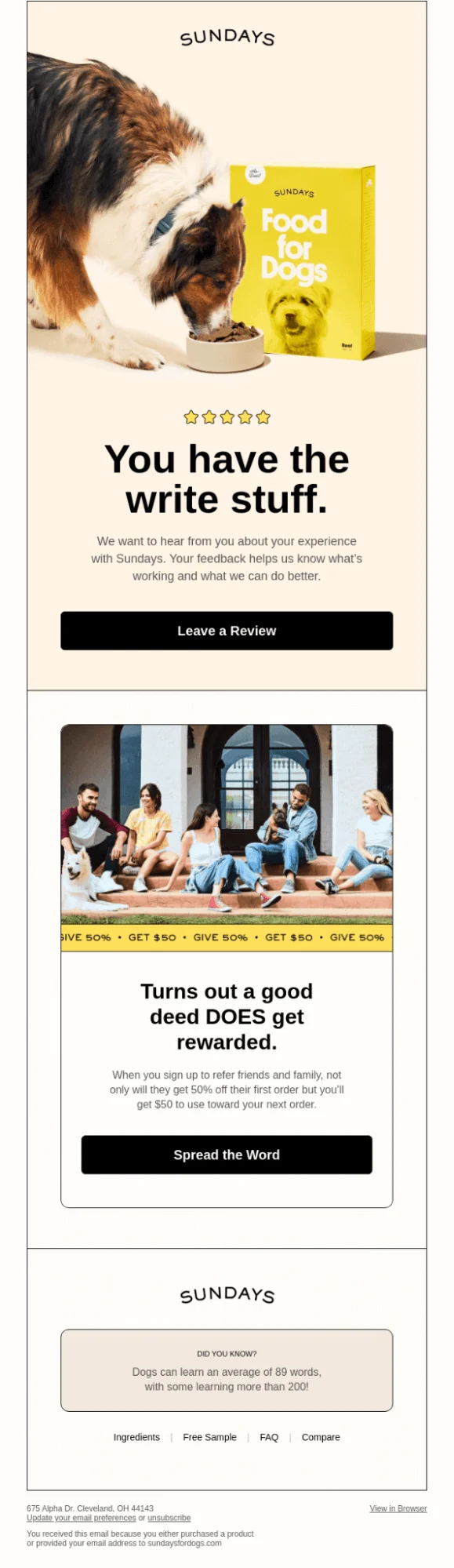An email from Sundays asking the readers to leave a review on their experience with the brand
