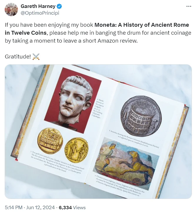 A picture of an x.com post from Gareth Harney, asking followers to leave a review on their latest book on Ancient Roman currency