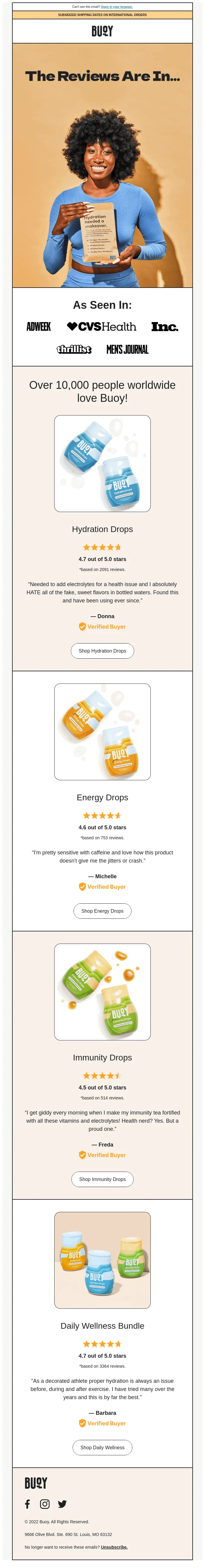 An email claiming that Buoy brand of health supplements received over 10,000 positive reviews, with several quotes and ratings by verified buyers