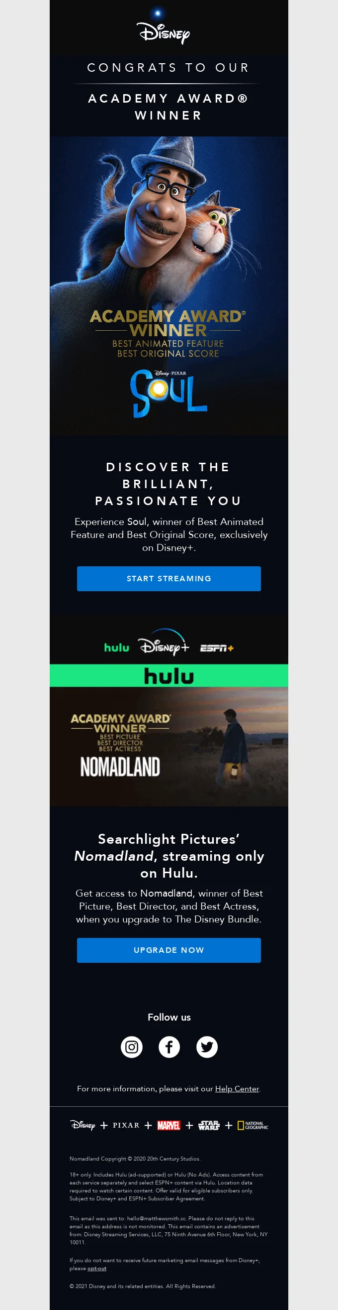 A 2020 email from Disney informing on their recent Academy Awards-winning feature films