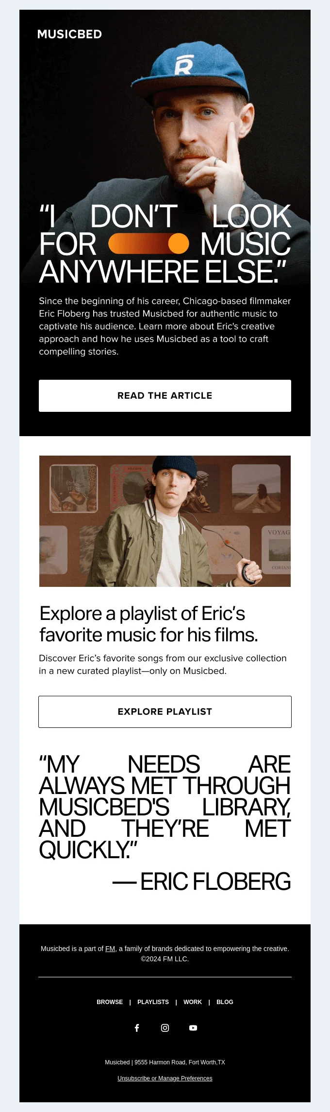 Screenshot of an email from Musicbed featuring an expert endorsement from filmmaker Eric Floberg