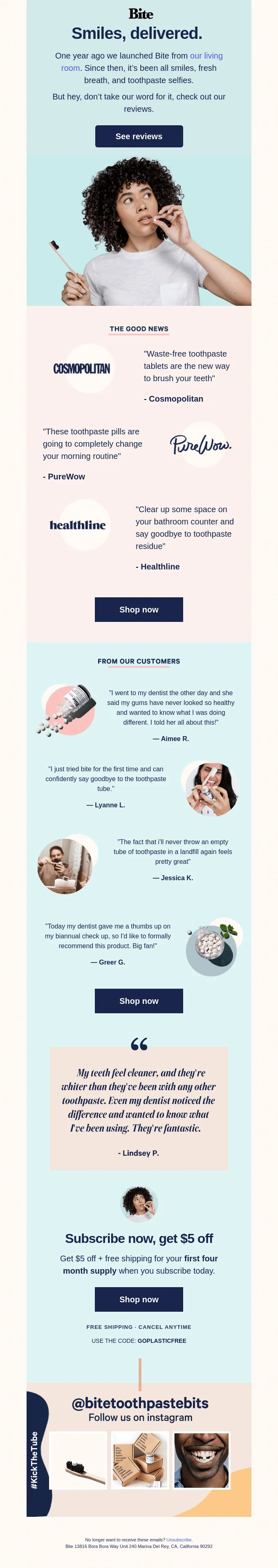 A screenshot of an email from Bite featuring media mentions and user reviews