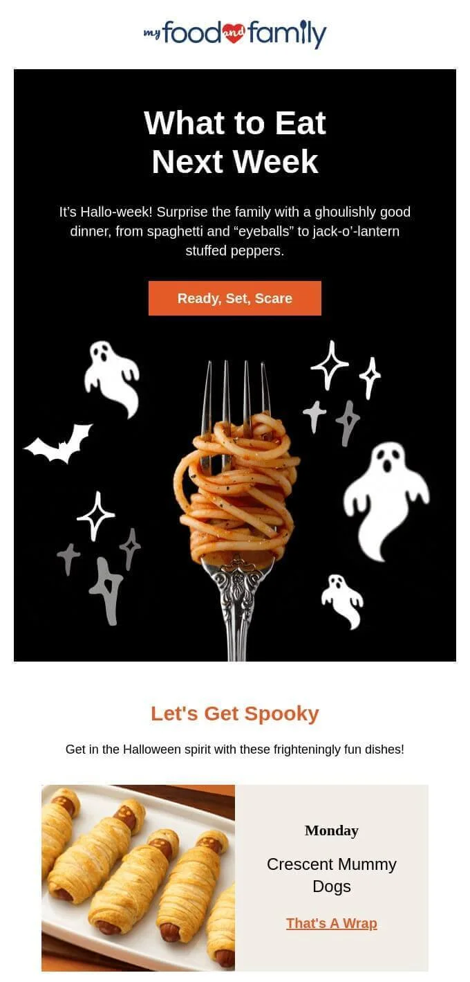 A Halloween newsletter from Kraft Heinz contains recipes of food appropriate for Halloween week. On the top, there’s a big fork with spaghetti on the black background with some sketchy ghosts. The recipe of Crescent Mummy Dogs follows.