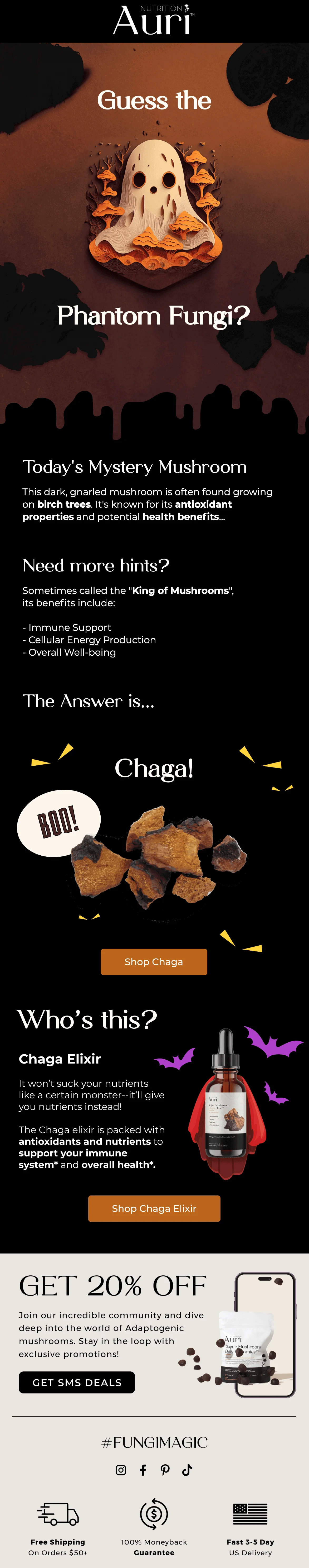 Halloween-themed email from Auri Nutrition with a picture of a ghost and mushrooms. It features a Chaga mushroom quiz, product highlights, a 20% discount, and an SMS sign-up offer.