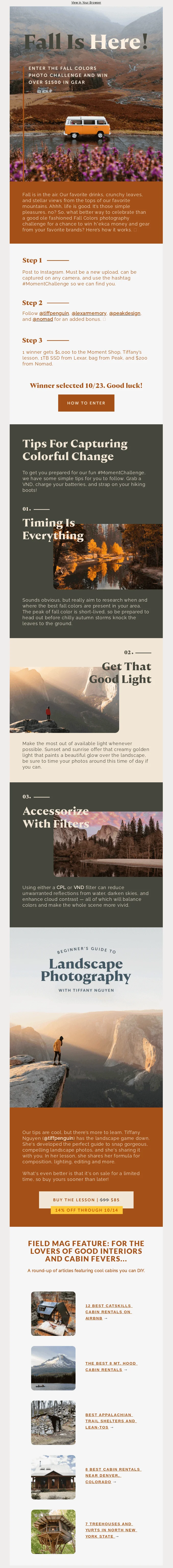 Fall-themed email announcing a photo contest with tips for capturing autumn colors, a landscape photography guide, and tips for photographers.