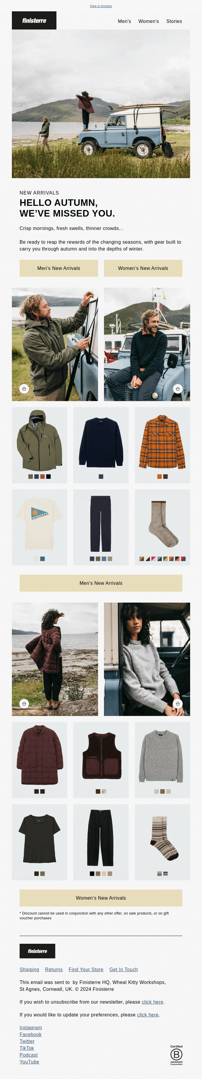 Finisterre's fall fashion email featuring new men’s and women’s arrivals, cozy styling, and outdoor-inspired photography in rugged coastal settings.