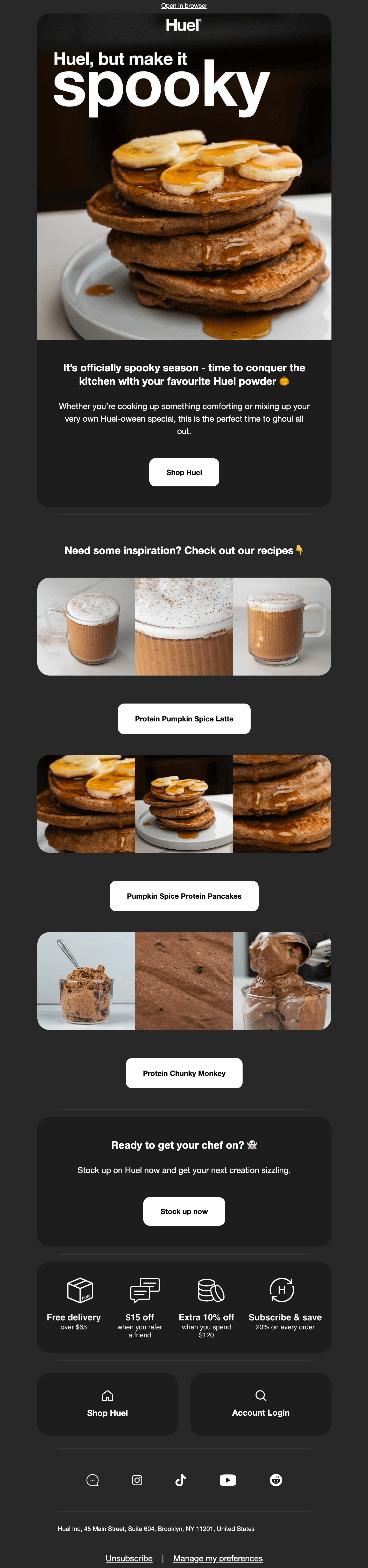 Huel's Halloween-themed email featuring spooky protein recipes like pumpkin spice pancakes and lattes, plus seasonal promotions and shopping links.