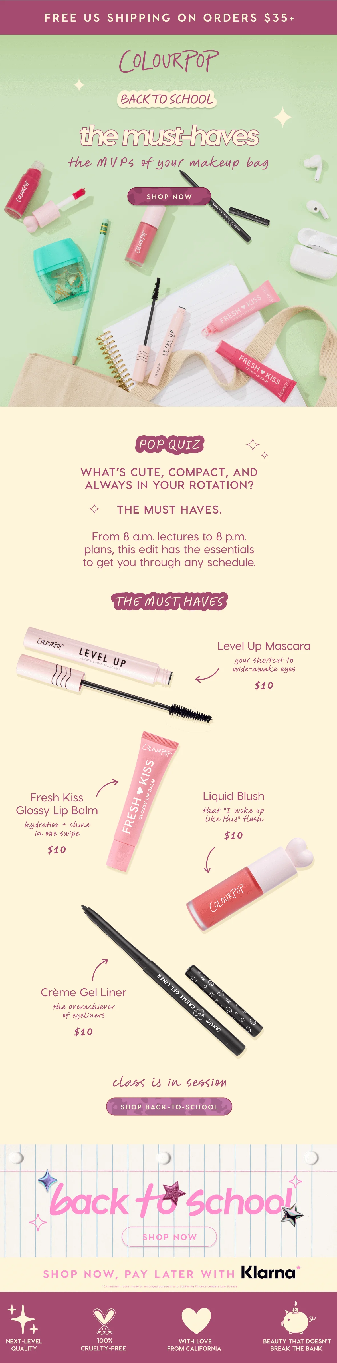 Back-to-school themed ColourPop email featuring must-have makeup products, prices, and “Shop Now” CTAs with playful, colorful design.