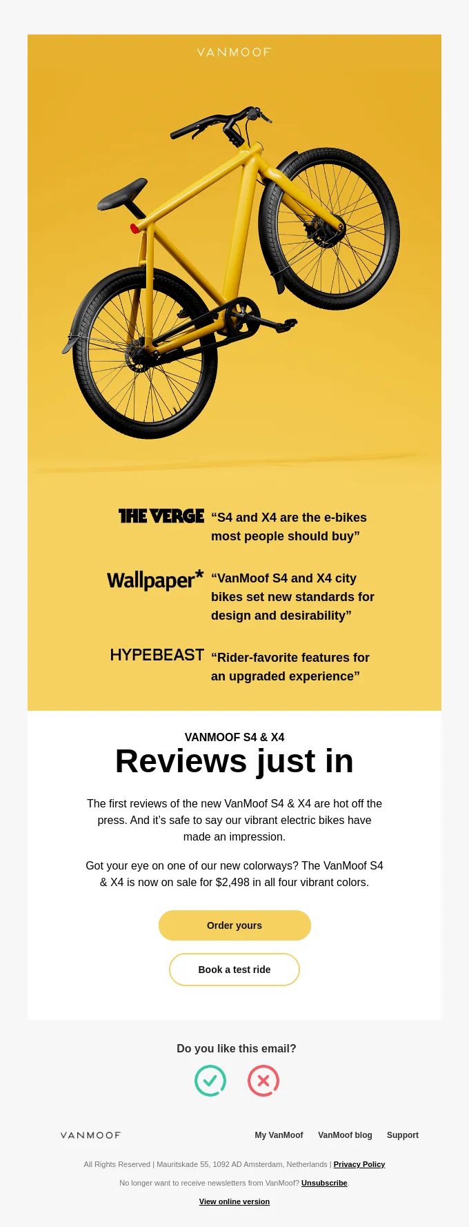 A screenshot of a VanMoof email, showing off media mentions of their new bike