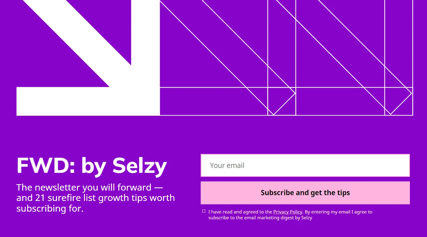 FWD: by Selzy landing page subscription form screenshot with a simple flat design featuring three big white arrows