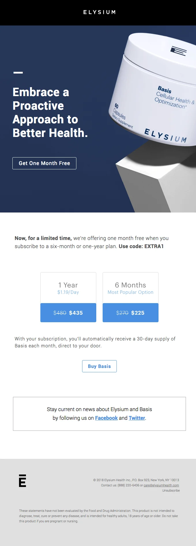 An email from Elysium with a one-month free subscription promo