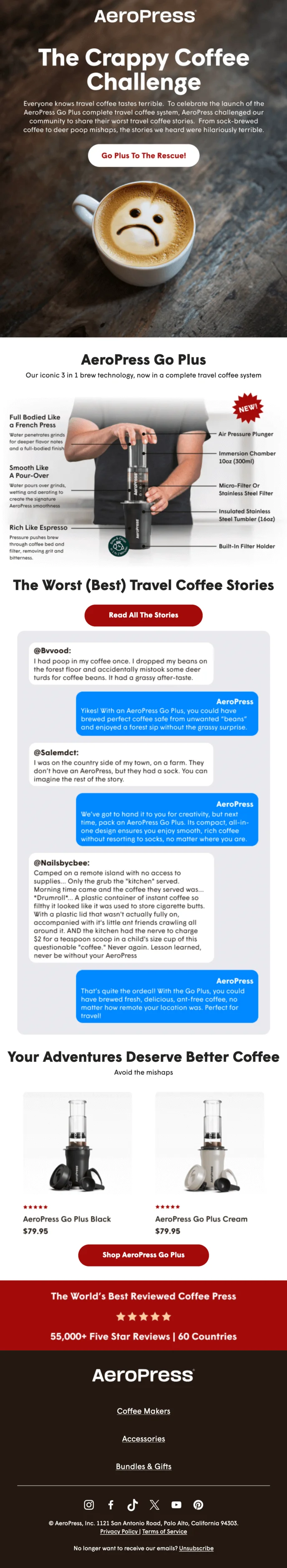 An email with the brand’s subscribers sharing their worst travel coffee experiences that also promotes the new Aeropress Go Plus brewer