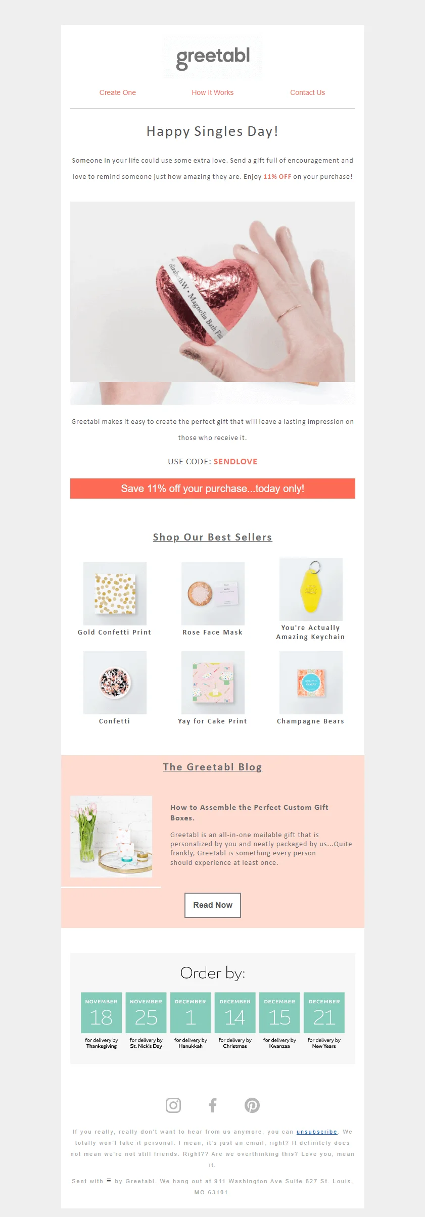 An email with best sellers from greetabl