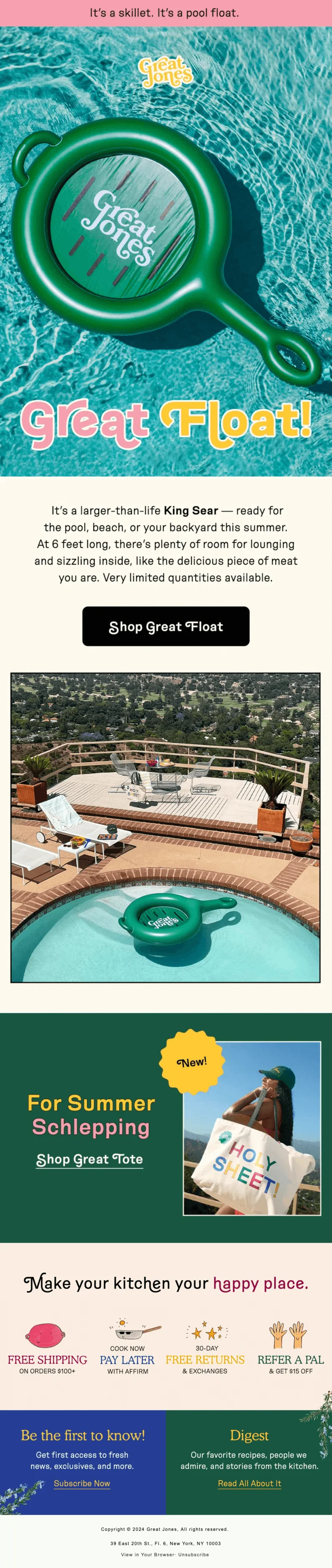An email promoting a pool float shaped like a skillet with the copy calling readers “the delicious piece of meat you are”