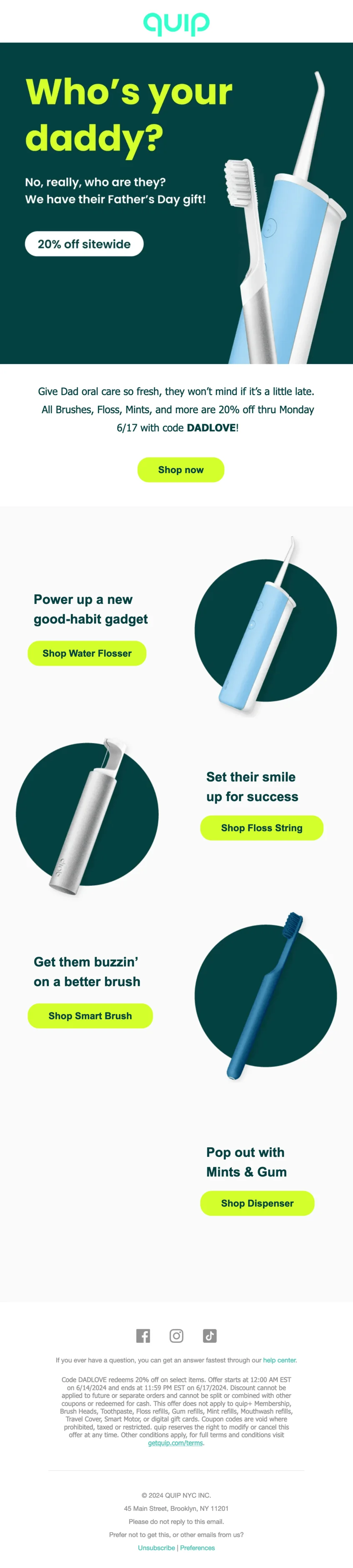 A Father’s Day email from Quip with the heading “Who’s your daddy?” and product recommendations for gifts for dads
