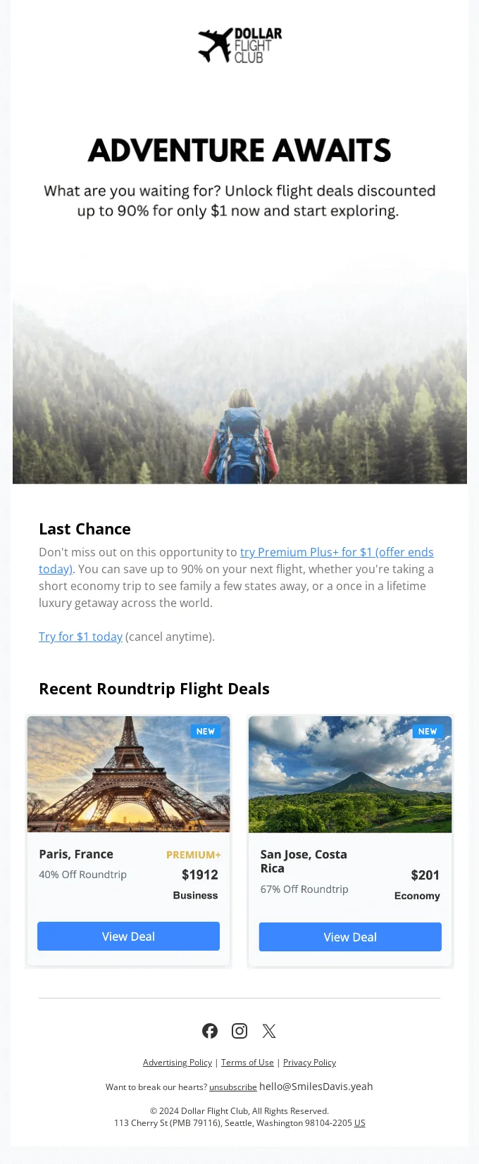 An email from Dollar Flight Club with a Premium Plan promo