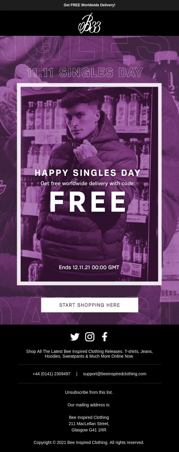 A Singles Day promo email from Bee Inspired Clothing