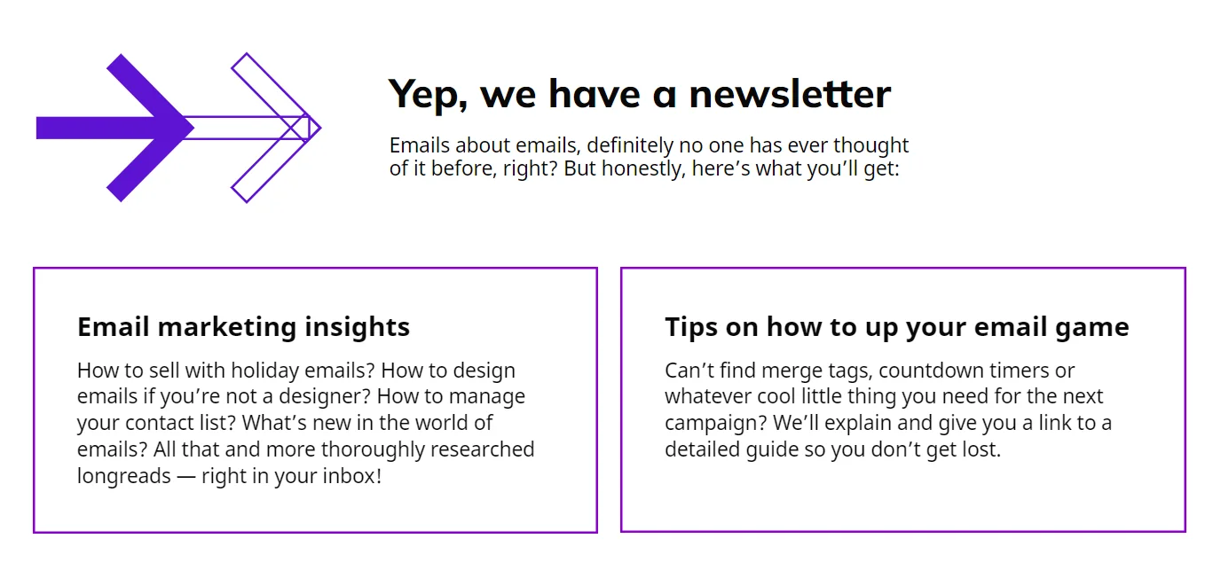 FWD: by Selzy newsletter landing page screenshot claiming that the newsletter offers email marketing insights and tips on how to up your email game