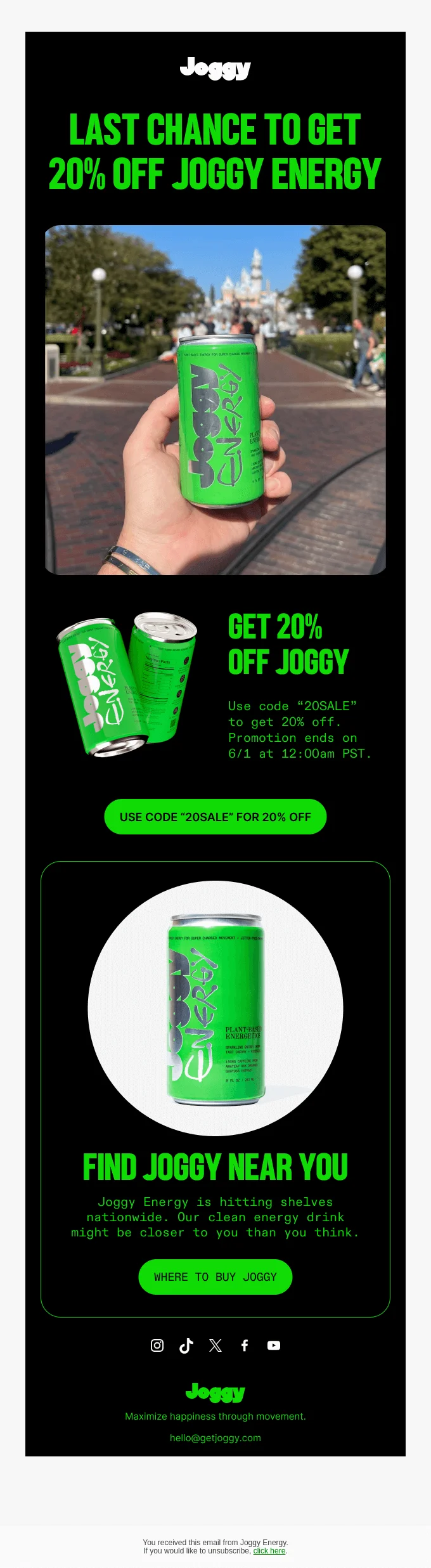 An email from Joggy with a promo code for a discount