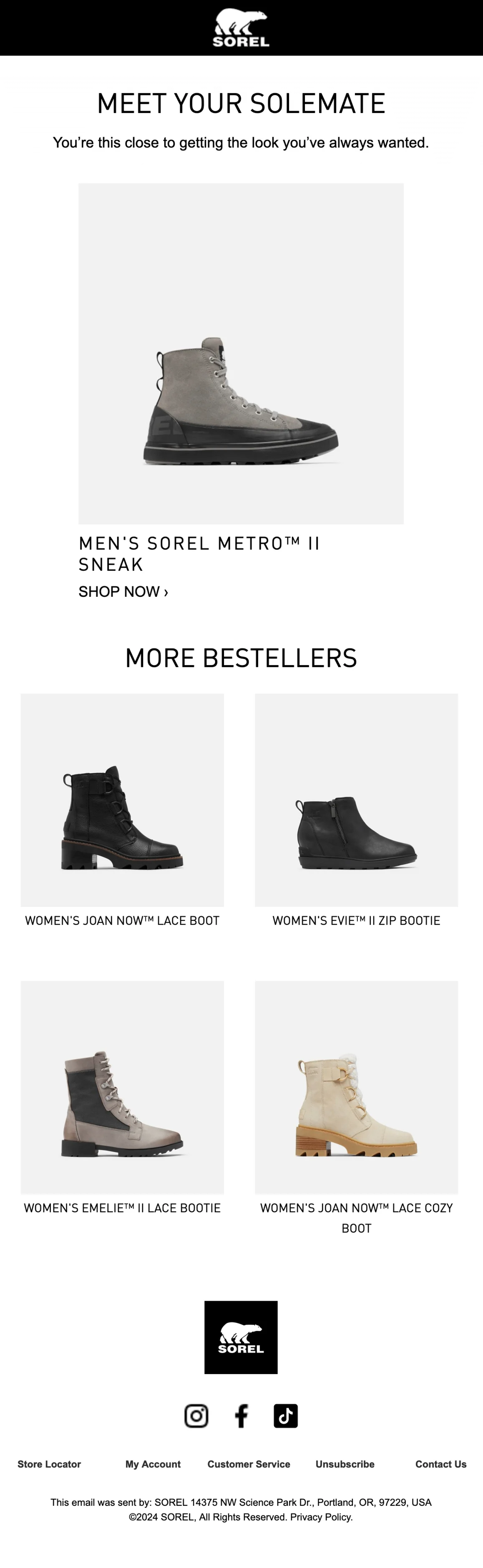 An email from Sorel with an abandoned shoe product card and the headline that reads “Meet your solemate” — a pun on the phrase “Meet your soulmate”