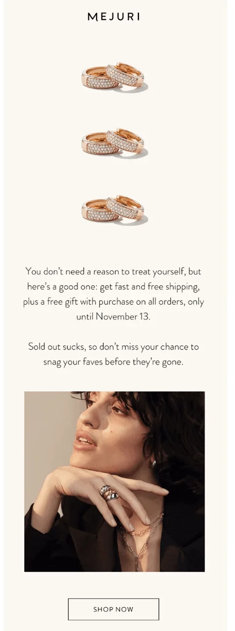 An email from Mejuri with the Singles Day offer