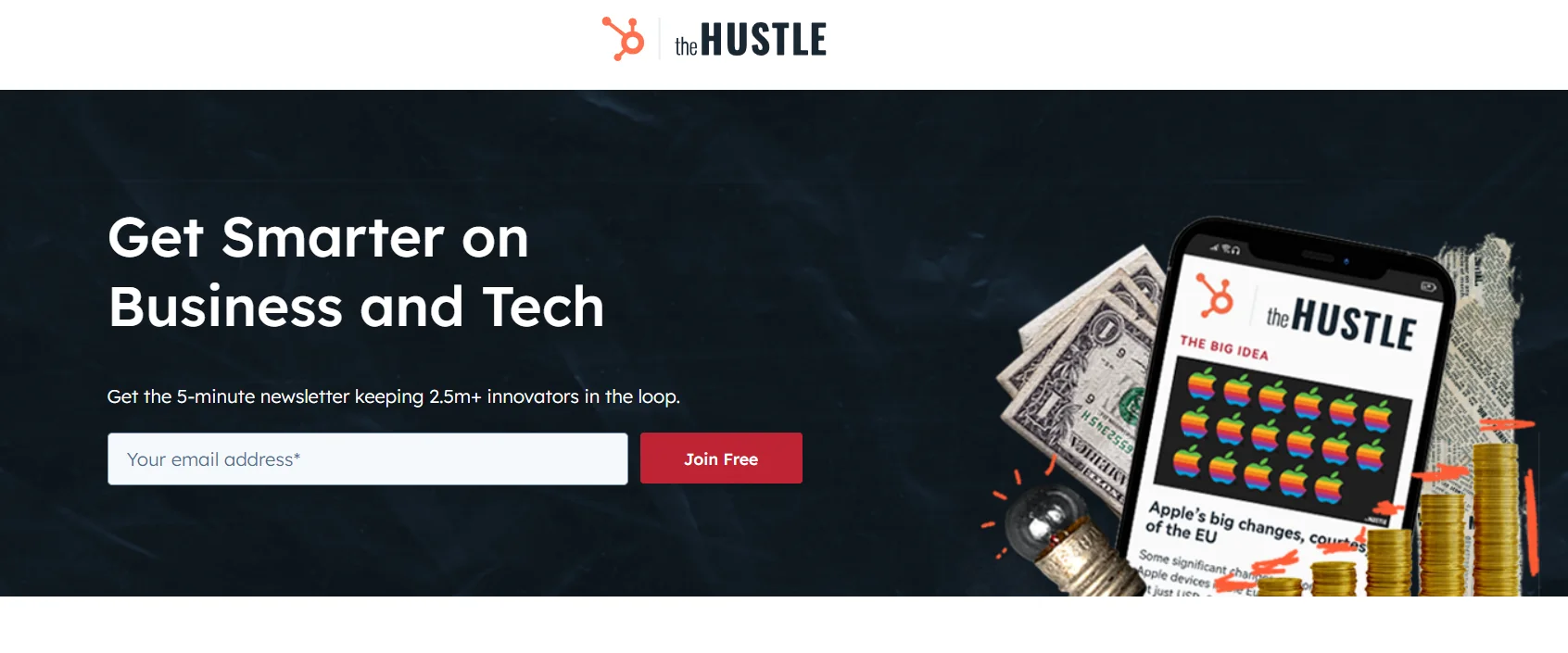 The Hustle subscription page screenshot with the tagline Get Smarter on Business and Tech