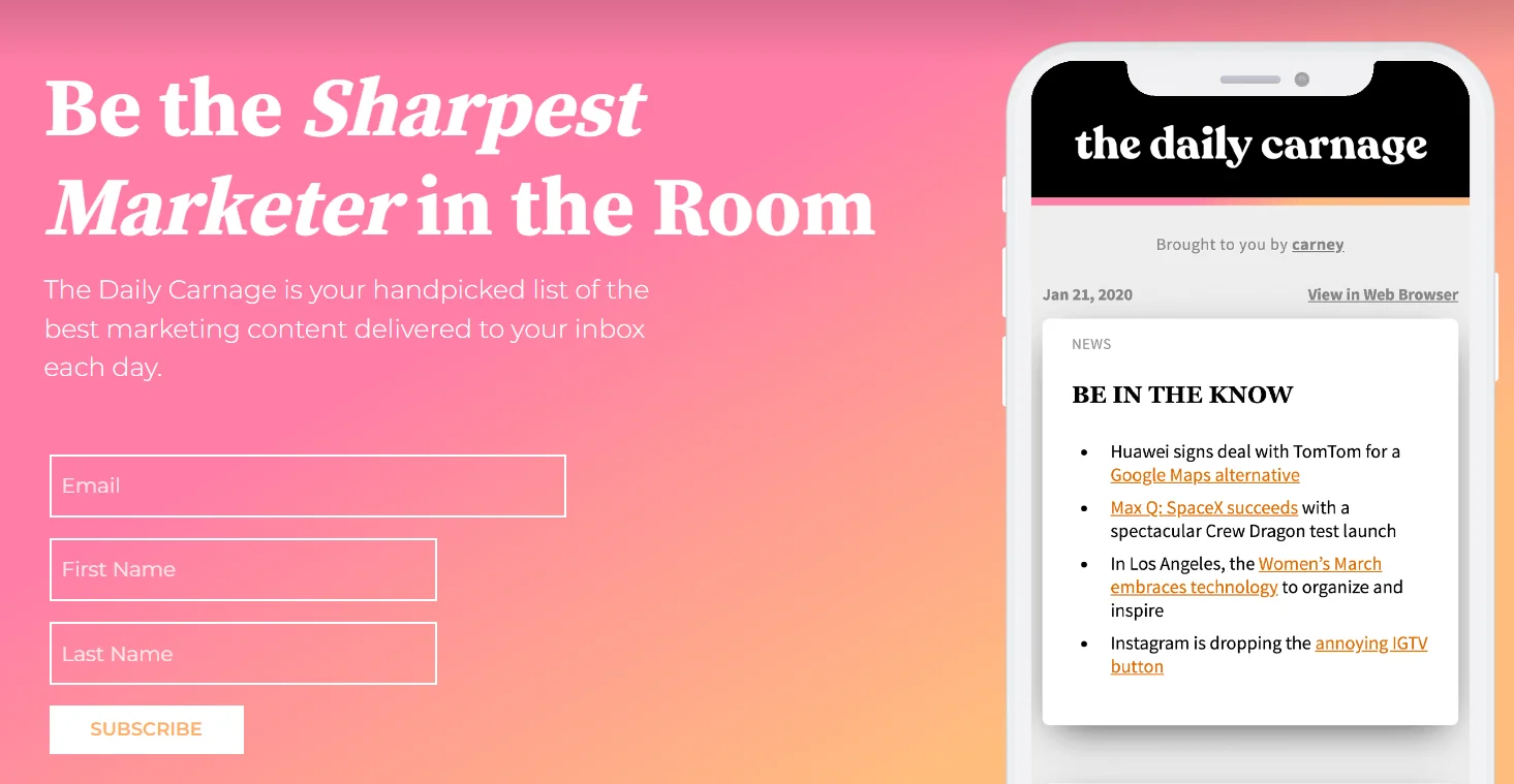 The Daily Carnage subscription page screenshot with the tagline “Be The Sharpest Marketer In The Room”