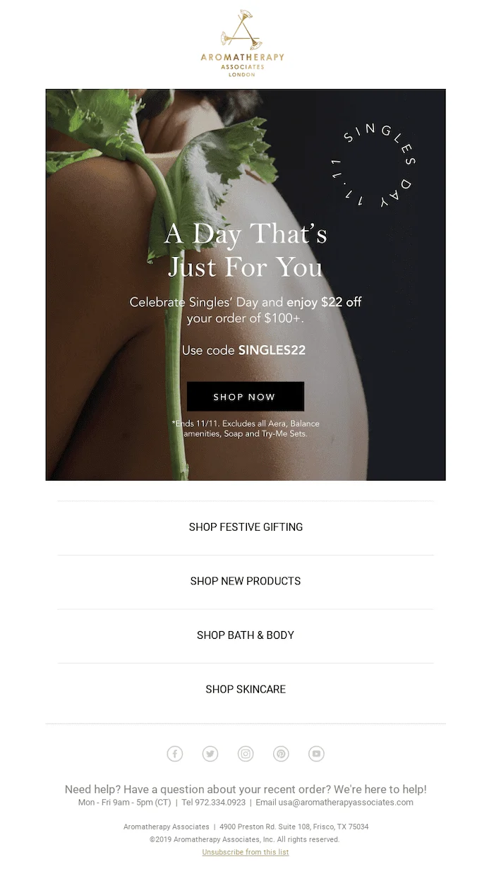 A Singles Day email from Aromatherapy Associates
