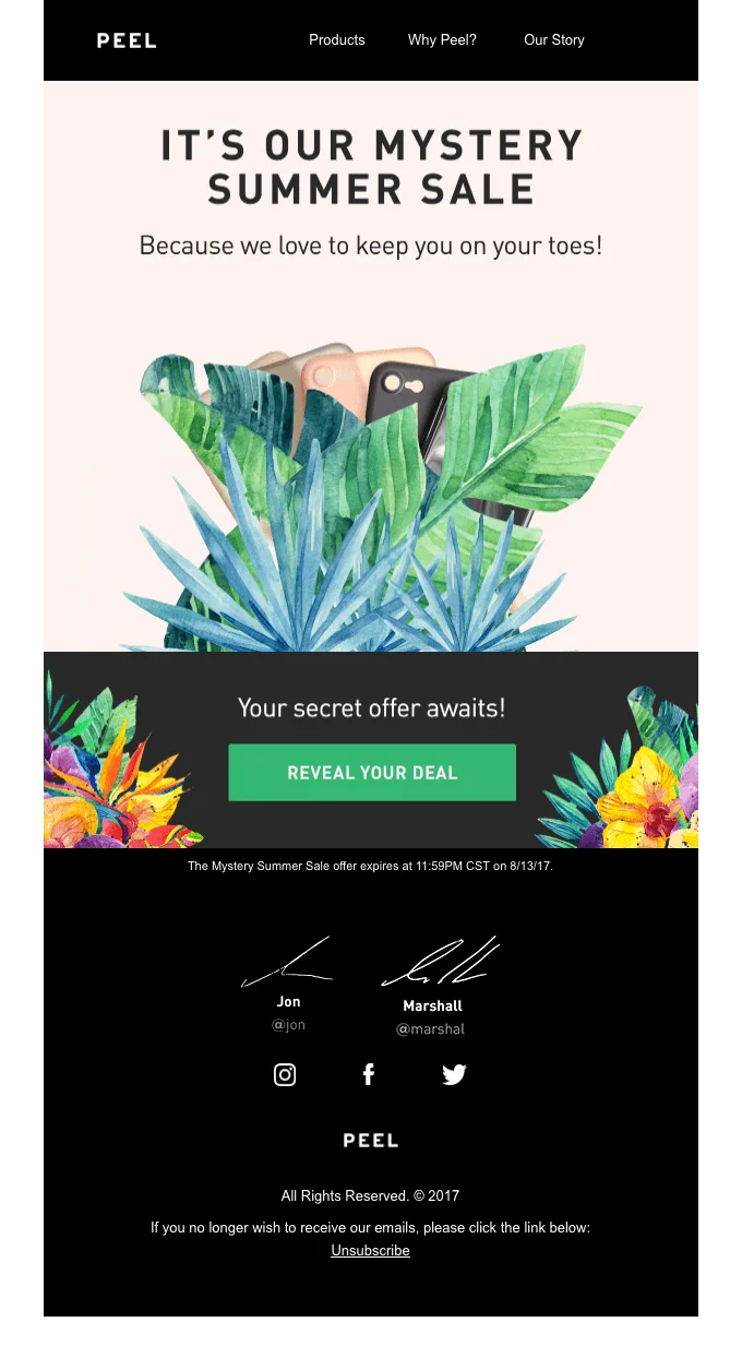 A summer mysterious sale promo email from Peel