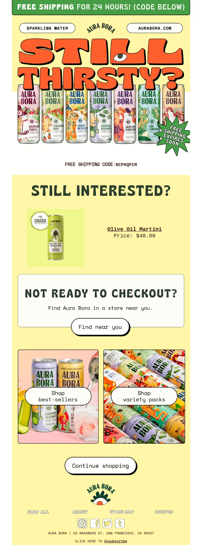 An email from Aura Bora with a free shipping promo code