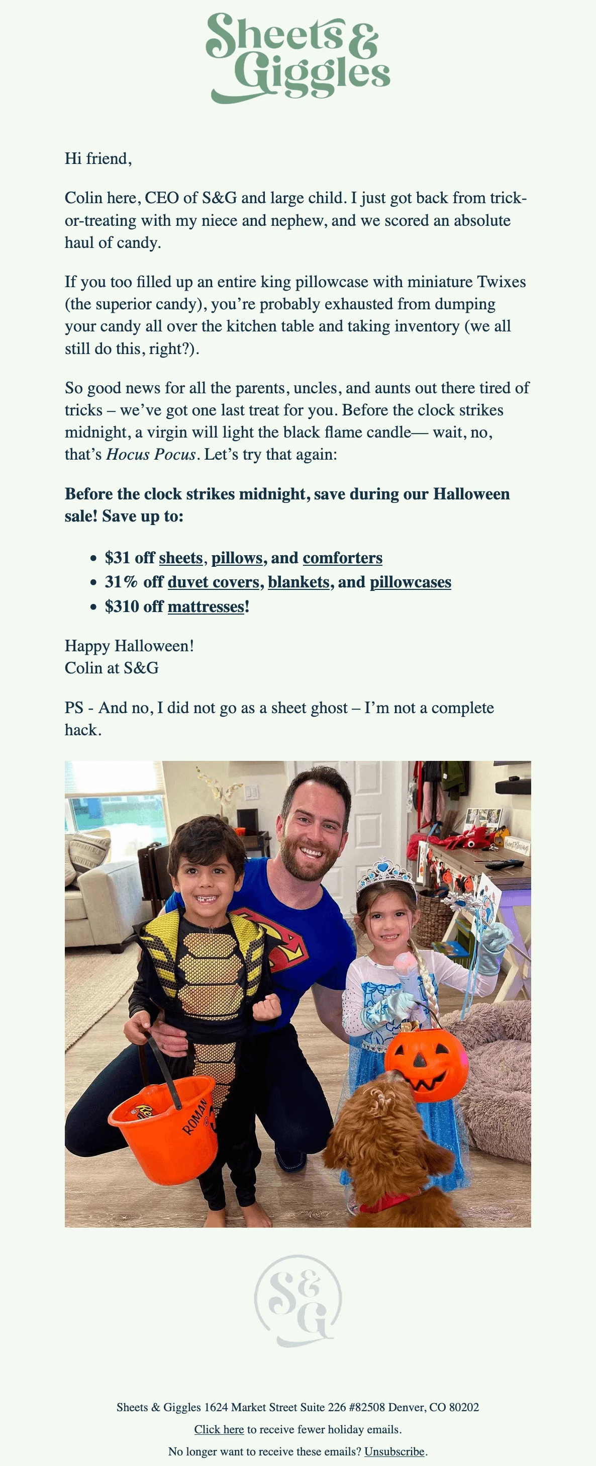 An email with a short story about a Halloween celebration from the brand’s CEO along with a photo of him with dressed-up children, and a sale promotion