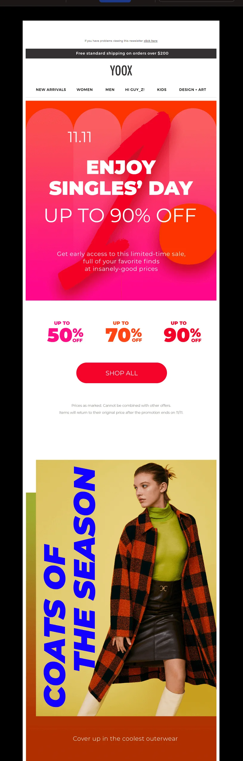 A Singles Day email from Yoox featuring quality large-scale images and gradient visuals