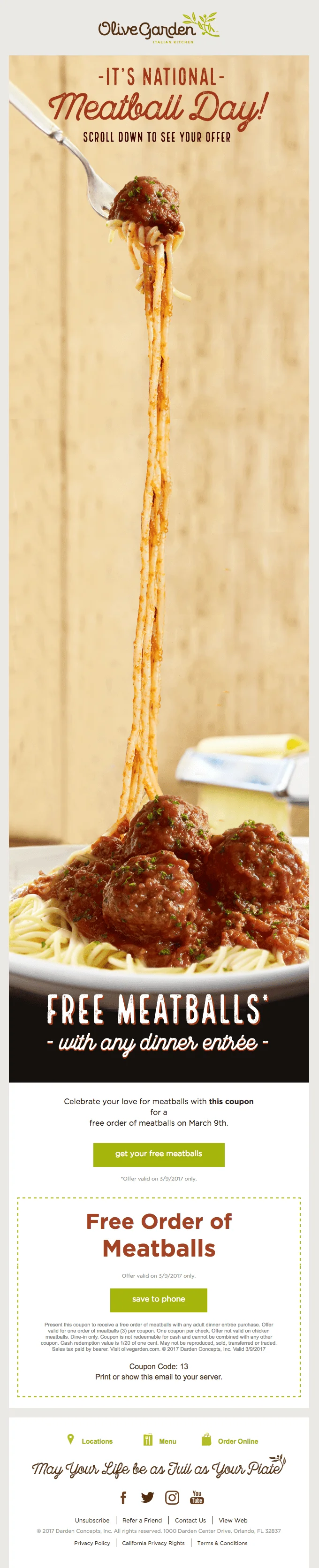 An Olive Garden promotional email for National Meatball Day with a long, several-scroll-long photo of a meatball pasta and a coupon for free meatballs