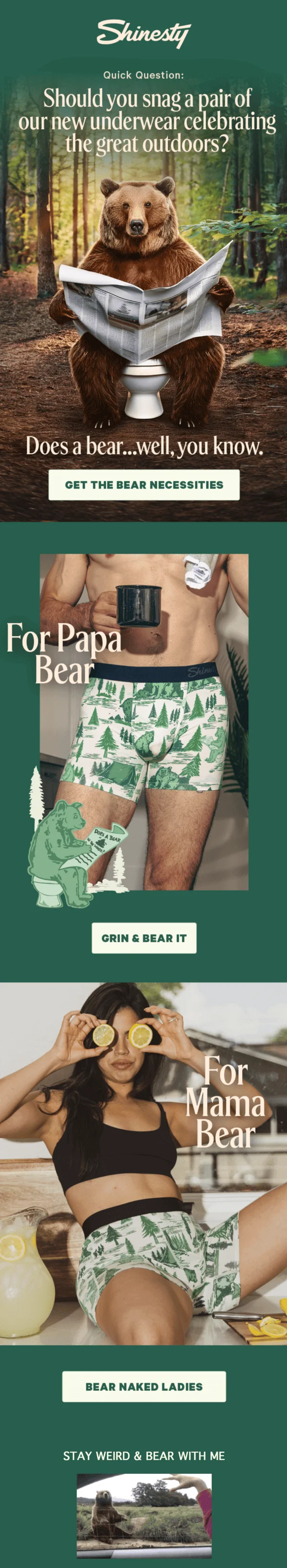 A Shinesty email with an image of a bear on the toilet and the banner text “Should you snag a pair of our new underwear celebrating the great outdoors?” and the answer “Does a bear… well, you know”