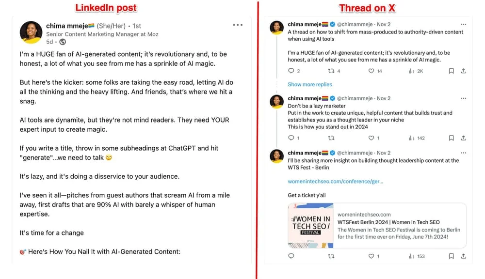 A LinkedIn post on AI-generated content turned into a Twitter thread