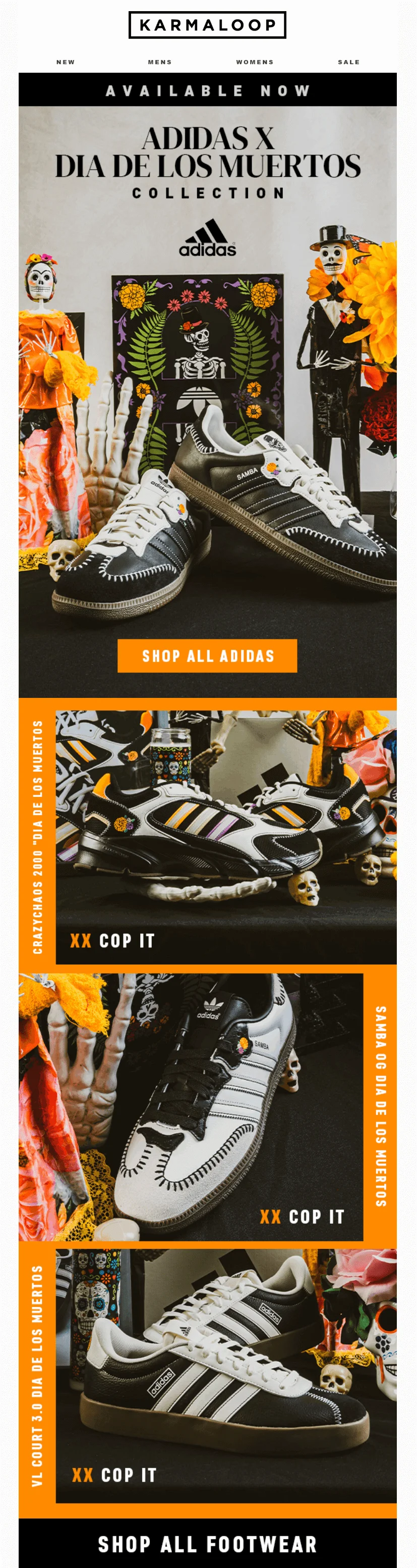 A screenshot of an email by Karmaloop, promoting the Adidas x Dia De Los Muertos collection