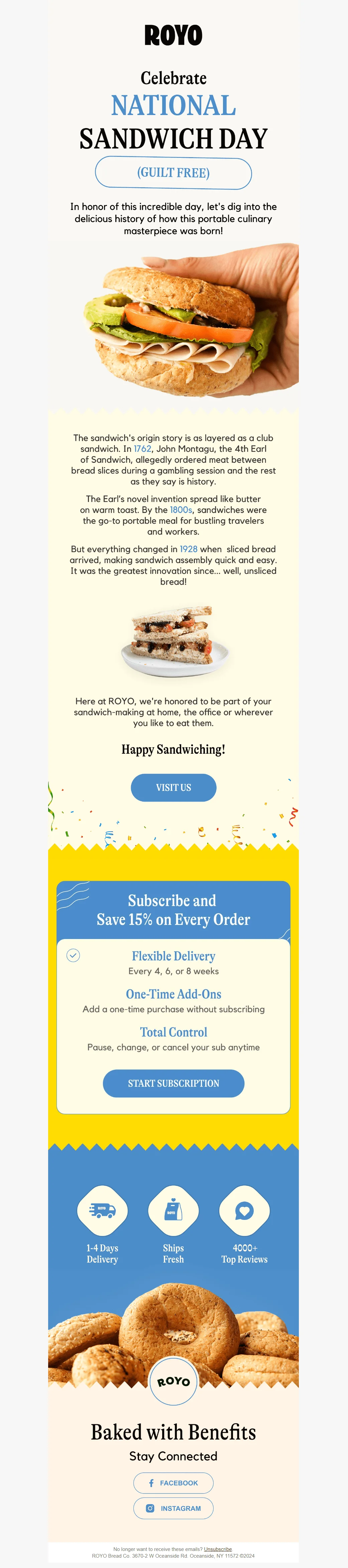 An email by Royo, celebrating National Sandwich Day