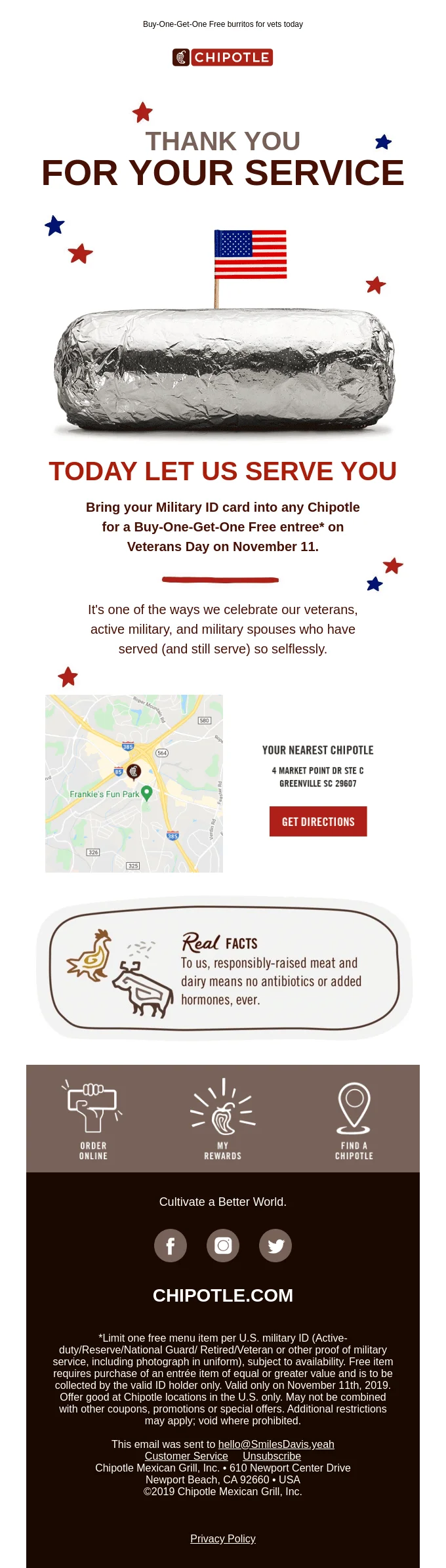 An email by Chipotle, offering a buy-one-get-one free product on Veterans Day