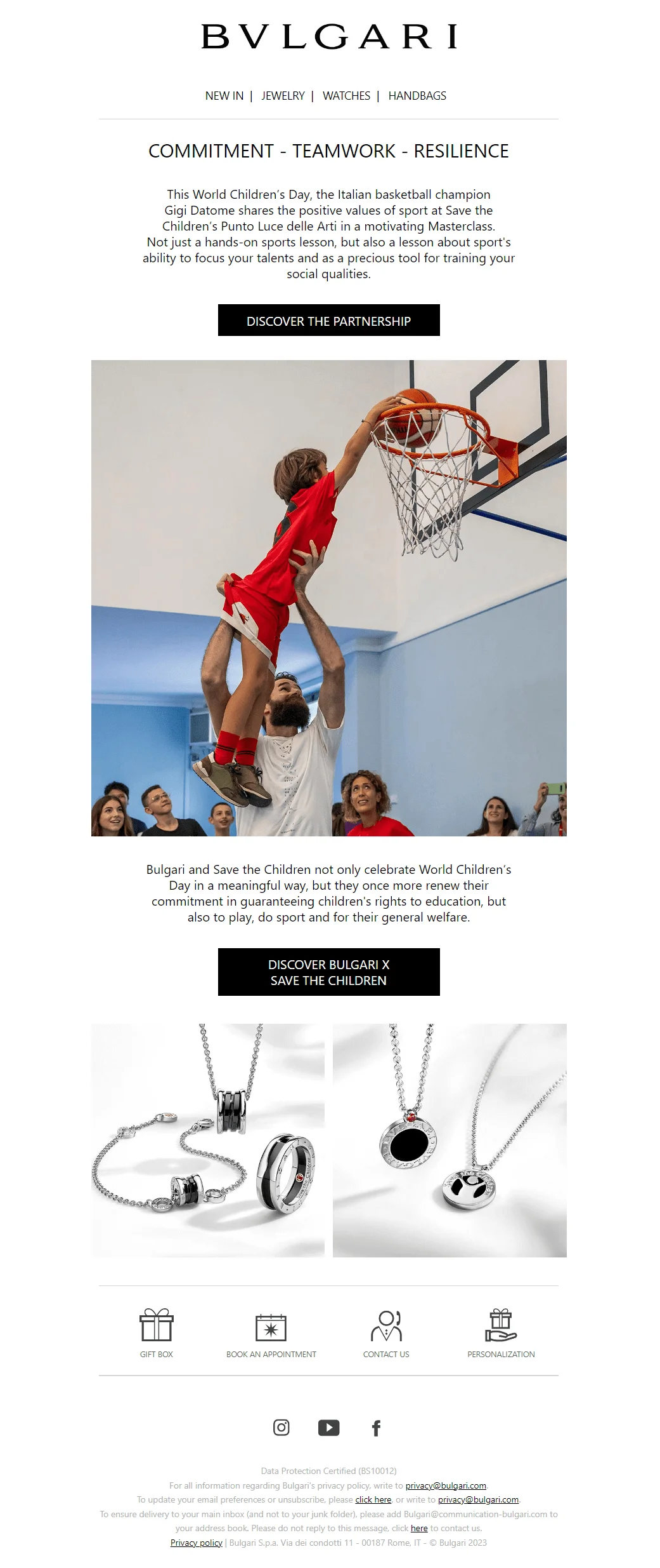 A screenshot of an email by Bvlgari, dedicated to the Save The Children campaign on the World Children’s Day