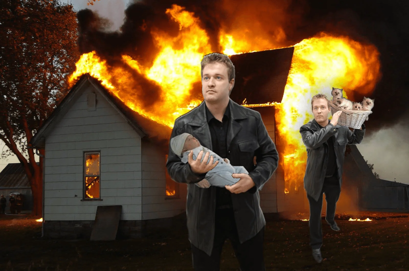 A collage showing two Jon Buchan figures in front of a burning house: one is holding a baby and another is carrying a basket of kittens