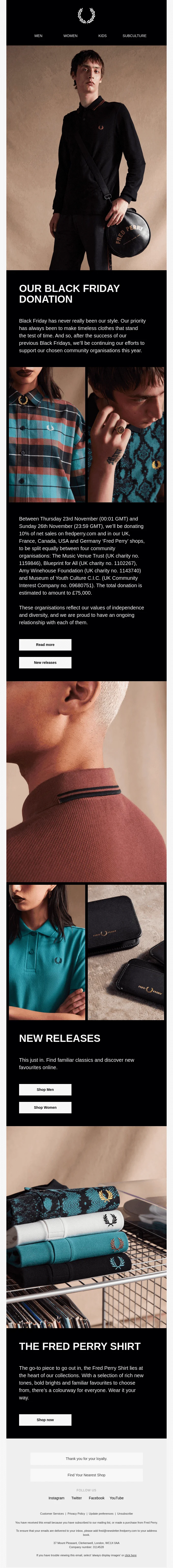 An email by Fred Perry, announcing that 10% of Black Friday sales will go to donations
