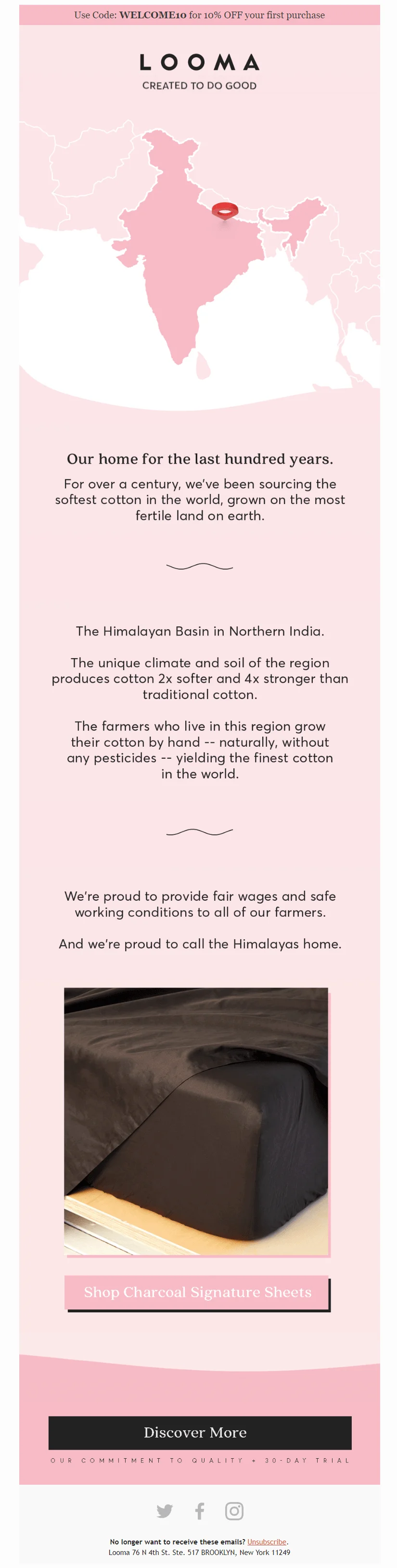An email by Looma, revealing the geographical source of cotton that is used in their products