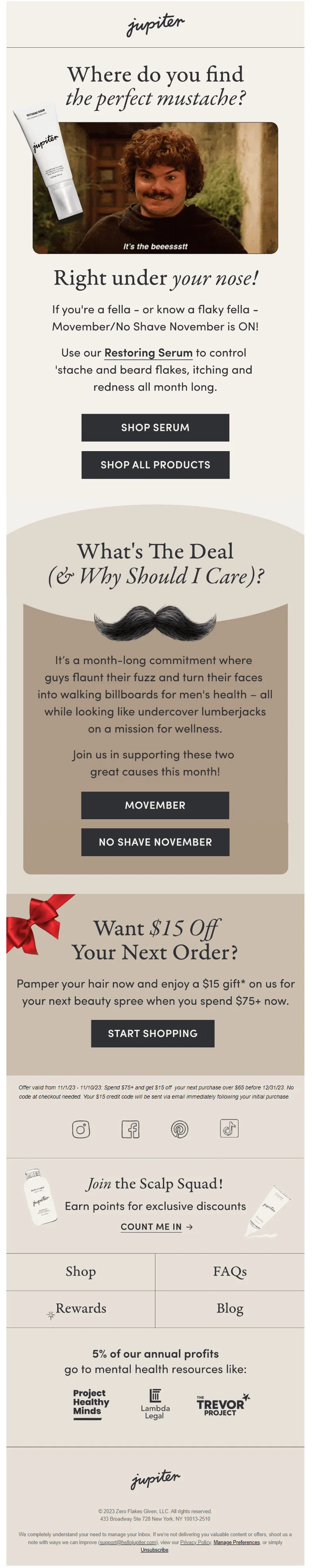 A Jupiter email announcing the special offers for Movember