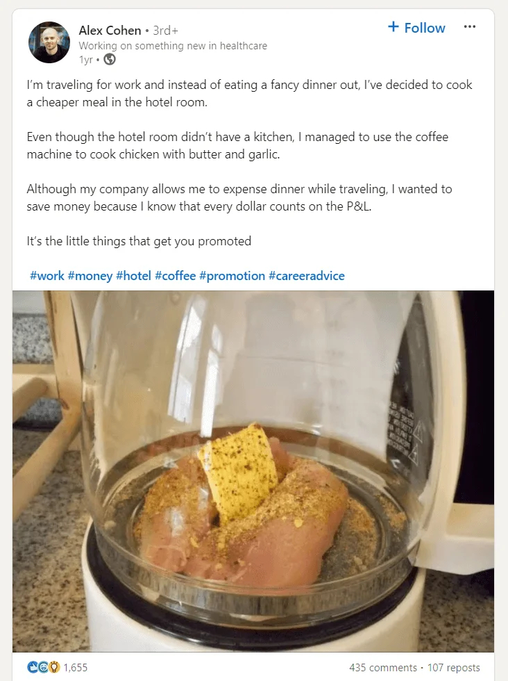 A screenshot of a LinkedIn post by Alex Cohen describing cooking chicken in a coffee pot to cut on corporate expenses