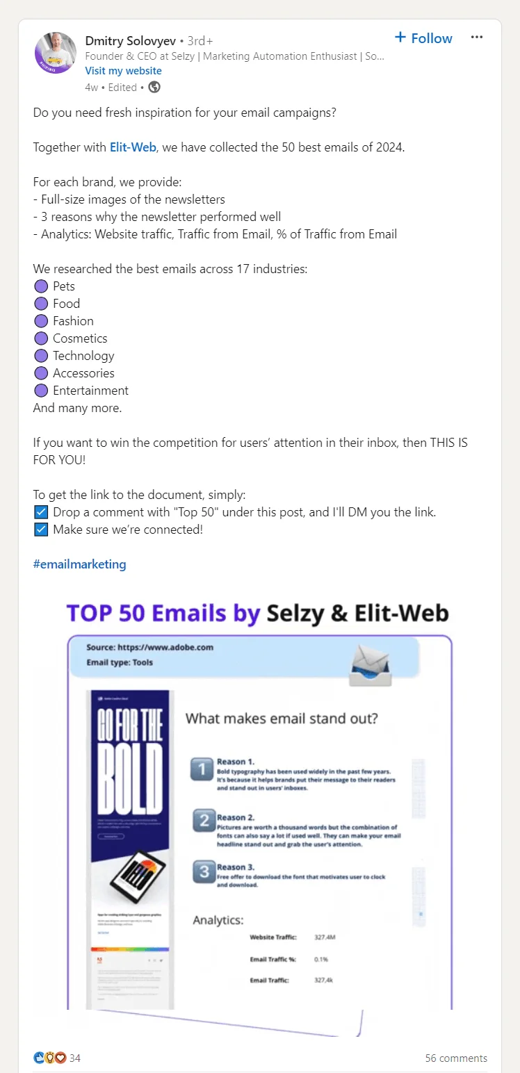 A screenshot of a LinkedIn post from Selzy Founder & CEO Dmitry Solovyev, announcing the collection of Top 50 Emails of 2024, available for any readers who connect and leave a comment