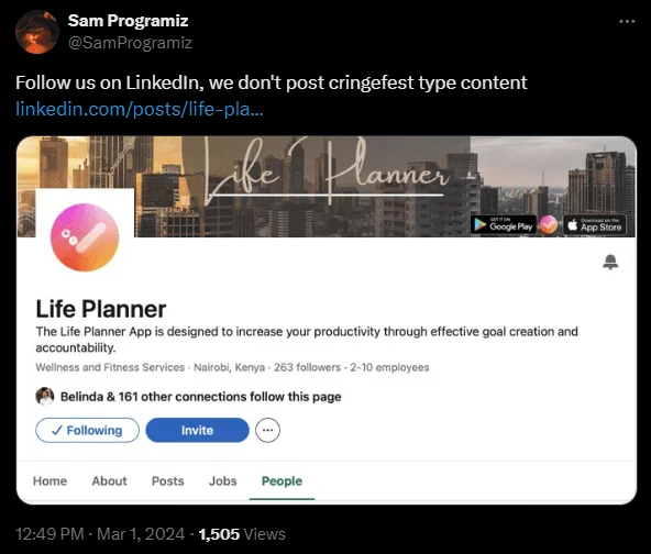 A screenshot of an X post by Sam Programiz saying “Follow us on LinkedIn, we don't post cringefest type content” with a link to a LinkedIn account