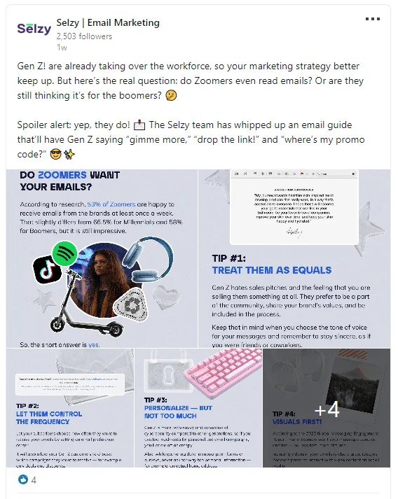 A screenshot of a LinkedIn post by Selzy talking about marketing for Zoomers