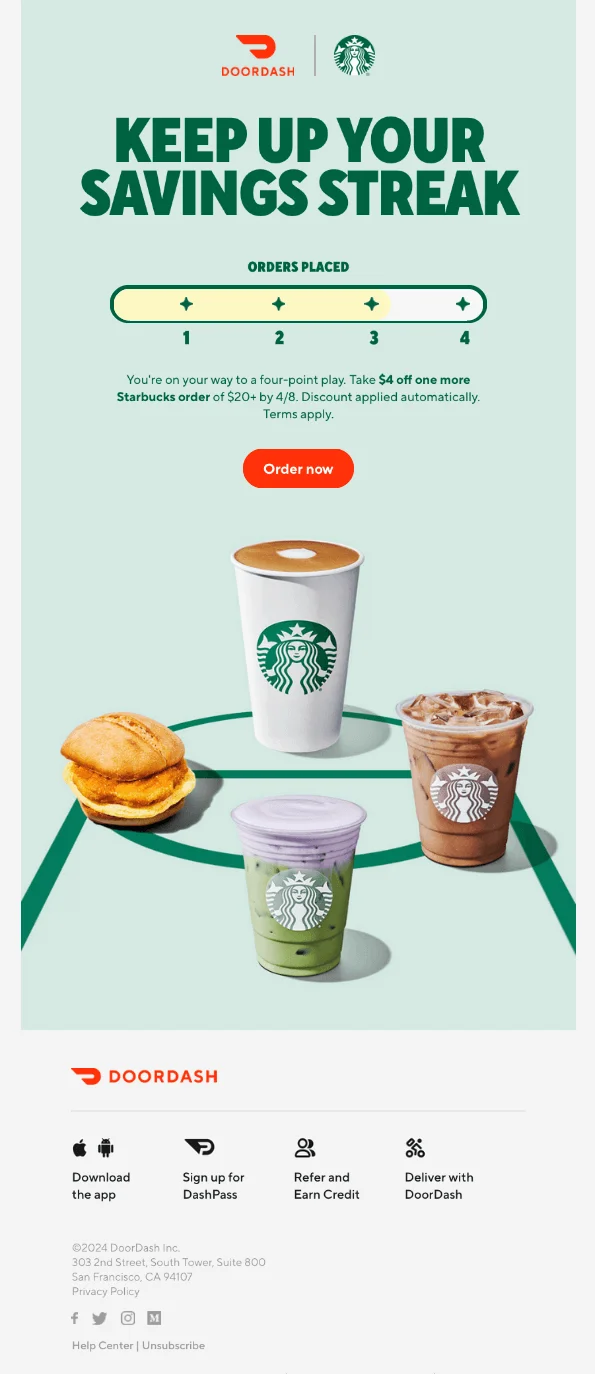 A promotional email that features a call-to-action emphasizing maintaining savings. It includes a message encouraging users to "KEEP UP YOUR SAVINGS STREAK" alongside the DoorDash logo. The design incorporates elements related to text, menus, and food.